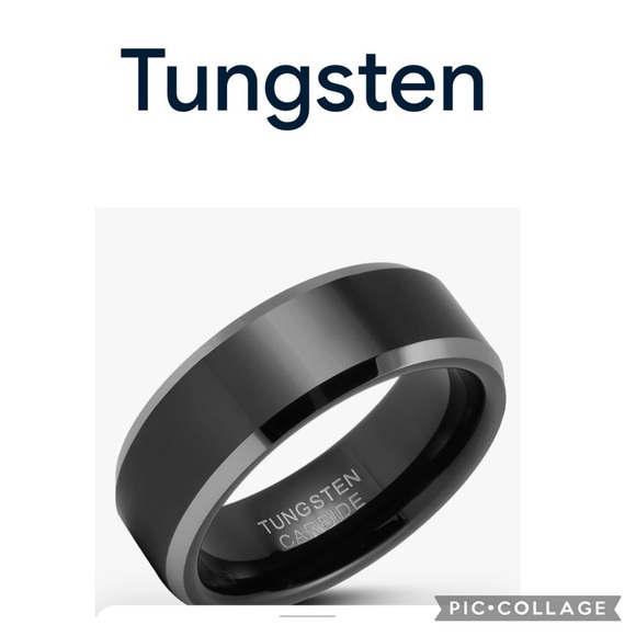 NEW MENS 8MM BLACK TUNGSTEN RING POLISHED SILVER BEVELED EDGE WEDDING BAND - Picture 1 of 3